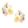 Une paire de boucles d'oreilles en forme de licorne en or jaune avec des détails en émail coloré.