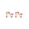 boucles-d-oreilles-licorne-qui-court-enfant-2a.jpg Deux licornes de dessin animé avec des crinières et des queues arc-en-ciel.
