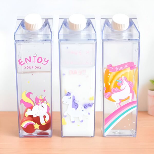 bouteille-d-eau-transparente-imprimee-licorne-600ml-1a.jpg Trois bouteilles d'eau en plastique transparentes avec des motifs de licornes et des messages inspirants. Les bouteilles ressemblent à des mini-cartons de lait., 45501173825791 | Licorne Shop