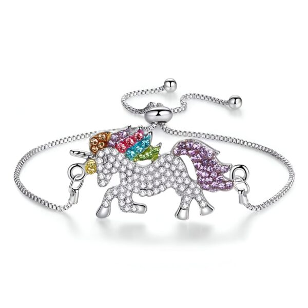 Bracelet licorne argenté orné de strass multicolores, bijou fantaisie pour femme et fille., 45501371646207 | Licorne Shop