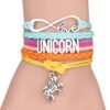 bracelet-pendentif-licorne-3a L'image montre un bracelet en cuir avec un pendentif en forme de licorne. Le bracelet est composé de quatre brins de cuir de couleurs différentes : bleu clair, rose, orange et jaune. Le pendentif est en métal argenté et représente une licorne.