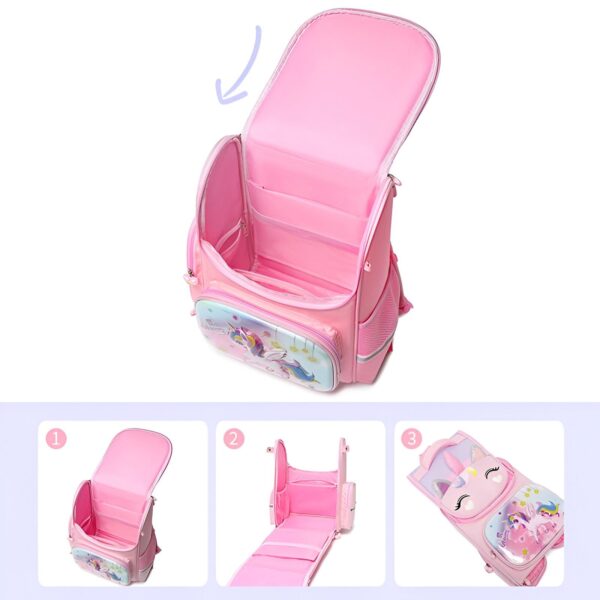 cartable-licorne-3d-violet-2a L'image montre un cartable rose à paillettes avec une image de licorne. Il y a trois compartiments principaux, chacun avec une fermeture éclair. Le compartiment principal est assez grand pour contenir des livres et des cahiers. Il y a aussi deux poches latérales en filet pour les bouteilles d'eau ou les petits objets. Le cartable est fabriqué en polyester durable et est livré avec une garantie d'un an.