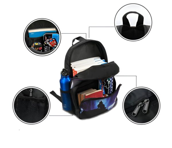 cartable-licorne-ce2-fille-1a.jpg L'image montre un sac à dos noir avec une image de loup dessus. Le sac à dos a plusieurs compartiments, dont un pour les livres, un pour les cahiers et un pour les bouteilles d'eau. Il y a aussi une petite poche sur le devant du sac à dos pour ranger de petits objets. Le sac à dos est fabriqué en polyester et est durable et résistant à l'eau.