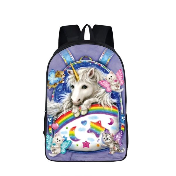 cartable-licorne-chat-fille-3a.jpg licorne blanche avec des ailes et des étoiles sur fond arc-en-ciel avec des chatons volants