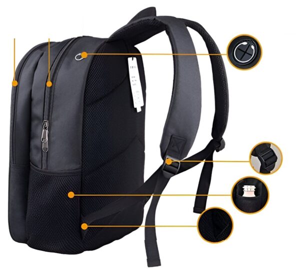 cartable-licorne-chevaux-blancs-enfant-2a.jpg L'image montre un sac à dos noir avec plusieurs poches et compartiments. Il est doté de bretelles réglables et d'une poignée de transport. Le sac à dos est fabriqué en polyester 600D, ce qui le rend résistant et durable. Il est idéal pour les étudiants, les professionnels et les voyageurs.