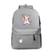 cartable-licorne-college-gris-3a.jpg L'image représente un sac à dos gris avec une image de licorne qui fait un dab. La licorne est blanche avec une crinière et une queue arc-en-ciel. Elle porte un collier avec un pendentif en forme de cœur. Le sac à dos a deux compartiments principaux avec des fermetures à glissière, une poche avant avec une fermeture à glissière et deux poches latérales en filet. Il est parfait pour transporter des livres, des cahiers et d'autres fournitures scolaires.