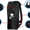 cartable-licorne-enfant-humour-3a.jpg L'image montre un sac à dos noir avec plusieurs poches et compartiments. Il y a une grande poche principale avec une fermeture éclair, une poche avant plus petite avec une fermeture éclair, et deux poches latérales en filet. Le sac à dos a également des bretelles réglables et une poignée de transport.