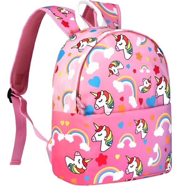 cartable-licorne-fille-ecole-1a.jpg Une image d'un sac à dos rose avec des licornes et des arcs-en-ciel.