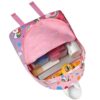 cartable-licorne-fille-ecole-4a.jpg Une image d'un sac à dos rose avec une licorne et un arc-en-ciel. Le sac à dos est ouvert et on peut voir des fournitures scolaires à l'intérieur.