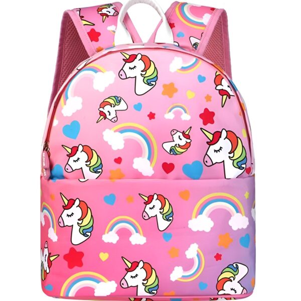 cartable-licorne-fille-ecole-6a.jpg Le cartable est rose et présente un motif de licornes et d'arcs-en-ciel. Il est doté de deux compartiments principaux, d'une poche avant et de deux poches latérales en filet. Le cartable est fabriqué en polyester et est suffisamment solide pour résister à une utilisation quotidienne. Il est également léger et confortable à porter.