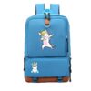 Une image d'un sac à dos bleu avec une image de licorne qui fait le dab.