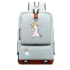 L'image représente un sac à dos de couleur grise avec une image de licorne qui fait le dab. La licorne est blanche avec une crinière et une queue arc-en-ciel. Il y a aussi une petite image de licorne sur la poche avant du sac à dos.