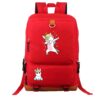 cartable-licorne-grand-format-rouge-3a.jpg Le sac à dos est rouge avec une image d'une licorne qui fait le dab. Il y a aussi une petite image d'une licorne qui fait le dab sur la poche avant.