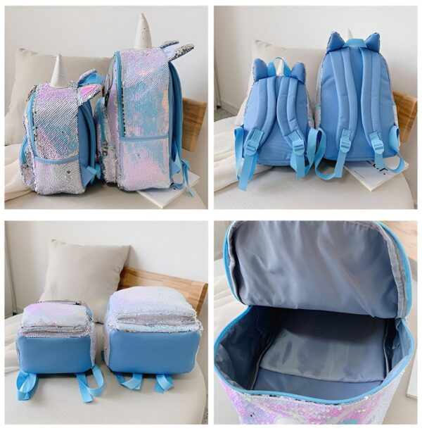 Une image de deux sacs à dos à paillettes de couleur bleu et rose. Les sacs à dos ont la forme d'une licorne avec une corne et des oreilles. Les paillettes sont réversibles et peuvent être retournées pour changer de couleur. Les sacs à dos ont également des bretelles réglables et une poignée de transport.