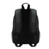 Un sac à dos noir avec une poignée et des bretelles réglables. Il y a une poche en filet sur le côté.