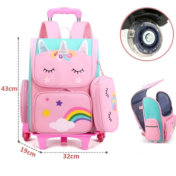 L'image montre un cartable à roulettes pour enfant. Il est rose et bleu avec une image de licorne. Le cartable possède une poignée rétractable et des roues. Il est également livré avec une trousse assortie.