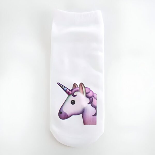 chaussettes-fantaisie-avec-licornes-emojis-1a.jpg Chaussette blanche avec un motif de tête de licorne violette., 45502265393407 | Licorne Shop