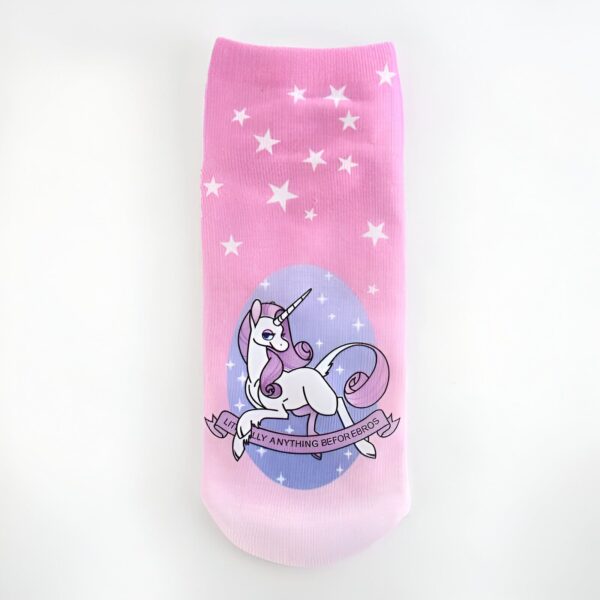 Chaussette rose avec étoiles et dessin d'une licorne entourée de la phrase "Literally Anything Before Bros". Accessoire de mode fantaisie, style kawaii., 45502202249471 | Licorne Shop
