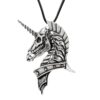 Pendentif tête de licorne squelettique en métal argenté. Bijou gothique avec une corne en spirale et une armure. Accessoire de mode fantastique et unique., 45501761782015 | Licorne Shop