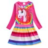 Robe enfant rose à manches longues avec motif licorne et arc-en-ciel, jupe à rayures multicolores. Vêtement fille fantaisie, style décontracté., 45501378363647,45501378396415,45501378429183,45501378461951,45501378494719,45501378527487,45501378560255,45501378593023 | Licorne Shop