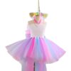 Costume de licorne pour enfant sur un mannequin. La robe a un haut blanc texturé et une jupe tutu multicolore (rose, violet, bleu). Un bandeau avec des oreilles et une corne de licorne dorées complète le costume. Parfait pour une fête d'anniversaire ou un événement à thème., 45501278912767,45501278945535,45501278978303,45501279011071,45501279076607,45501279109375,45501279142143,45501279174911 | Licorne Shop