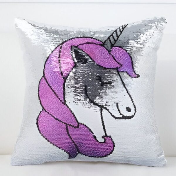 Coussin carré à sequins réversibles argentés et motif licorne rose et argent. Décoration intérieure féérique pour chambre d'enfant ou salon. Accessoire tendance et ludique., 45501063266559 | Licorne Shop