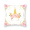 coussin-decoratif-licorne-pour-canape-ou-lit-1a.jpg Coussin carré blanc avec motif d'une tête de licorne dorée entourée de roses roses et d'étoiles multicolores. Bords ornés de fleurs roses et de feuilles vertes. Décoration fantaisie pour chambre d'enfant., 45501060645119 | Licorne Shop