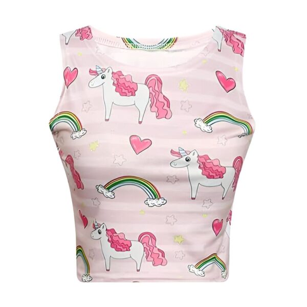 debardeur-fille-licorne-rose-mignon-1a.jpg Débardeur rose clair avec motifs d'unicorne blanc et arcs-en-ciel colorés. Coeurs roses sur le tissu. Vêtement tendance pour jeunes filles et femmes., 45502233149695,45502233182463,45502233215231,45502233247999,45502233280767,45502233346303,45502233477375,45502233608447 | Licorne Shop