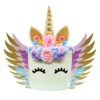 Gâteau d'anniversaire licorne décoré de fleurs et d'ailes colorées. Il a une corne dorée étincelante et des oreilles dorées. Les yeux de la licorne sont des traits noirs simples. Parfait pour une fête féerique!, 45501305815295 | Licorne Shop