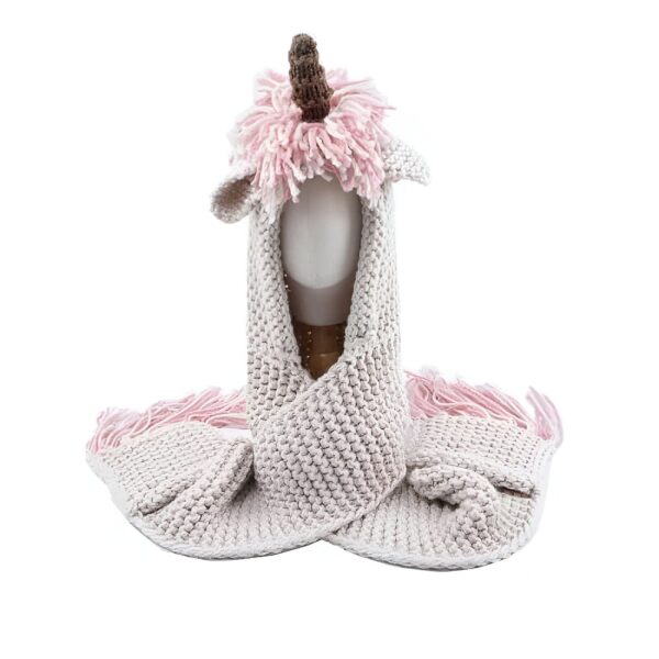 Chapeau écharpe tricoté pour enfant en forme de licorne avec crinière rose et corne marron., 45502092083455 | Licorne Shop