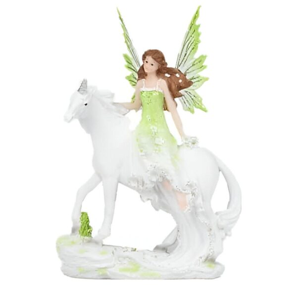 figurines-licornes-feeriques-decoratives-1a.jpg Figurine d'une fée avec des ailes vertes, assise sur un cheval licorne blanc. La fée porte une robe verte et blanche., 45501362831615 | Licorne Shop