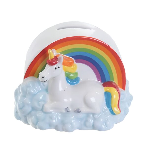 Tirelire licorne en céramique avec un arc-en-ciel. La licorne blanche repose sur des nuages bleus. Idéal pour les enfants qui apprennent à épargner., 45501161472255 | Licorne Shop
