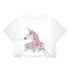 haut-court-imprime-licorne-pour-femme-1a.jpg T-shirt blanc court avec motif d'aquarelle d'une licorne rose entourée de fleurs colorées. Design féérique et fantaisiste., 45501301752063 | Licorne Shop