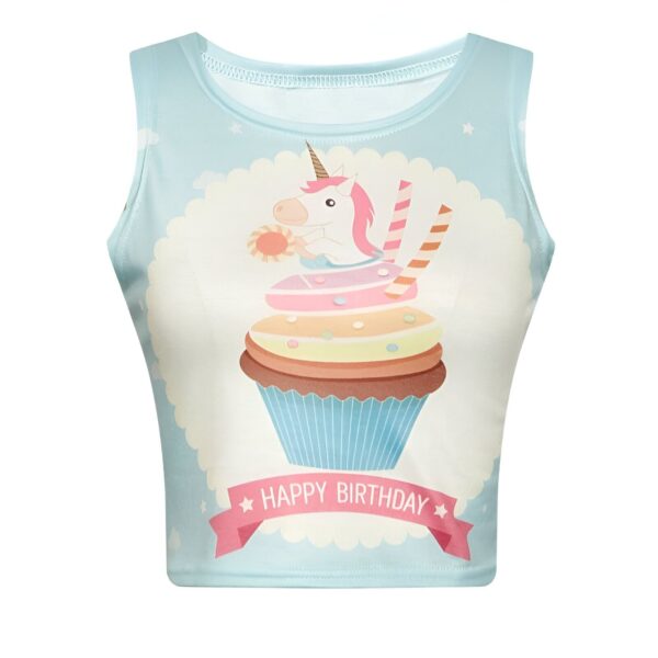 haut-court-original-imprime-licorne-cupcake-1a.jpg Débardeur bleu clair avec un motif de cupcake d'anniversaire surmonté d'une licorne rose et d'un ruban "Happy Birthday". Vêtement estival à la mode., 45501293199615 | Licorne Shop