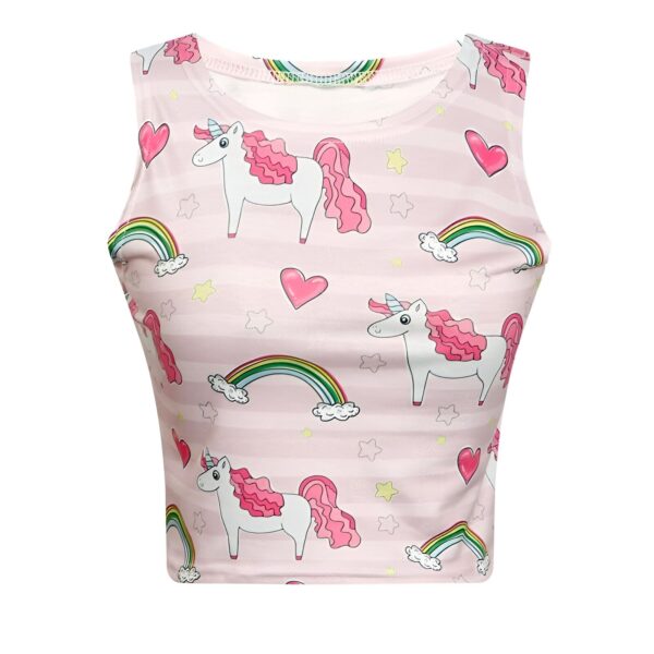 Haut court rose à rayures avec motifs licornes, arcs-en-ciel, cœurs et étoiles. Vêtement fantaisie et coloré., 45501299687679 | Licorne Shop