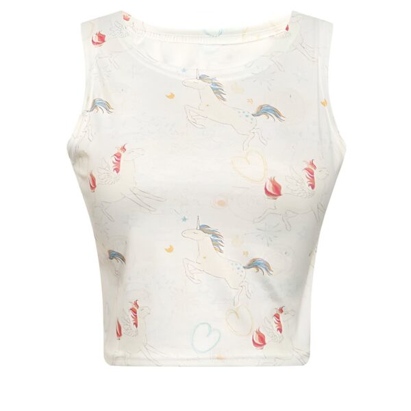 Débardeur blanc imprimé avec des motifs d'unicorns et de cœurs. Vêtement d'été sans manches. Top à motifs pour femme. Style décontracté et tendance., 45501340352767 | Licorne Shop