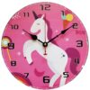 horloge-murale-licorne-rose-1a.jpg Horloge murale rose pour enfants avec un motif de licorne blanche. Des numéros noirs indiquent les heures. On voit aussi une sucette, une glace et un arc-en-ciel. Décoration amusante pour une chambre d'enfant., 45501135061247 | Licorne Shop