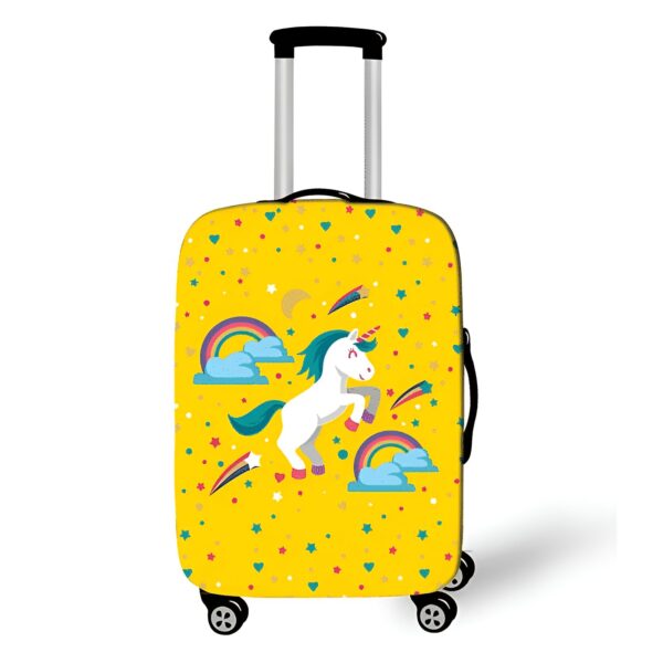 Valise jaune à roulettes, motif licorne et arc-en-ciel. Bagage pour enfant, voyage amusant et coloré. Idée cadeau originale., 45501406642431 | Licorne Shop