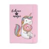 journal-carnet-rose-licorne-ligne-1a.jpg Carnet rose avec un dessin de licorne mangeant un donut et l'inscription "Believe in magic"., 45501156819199 | Licorne Shop