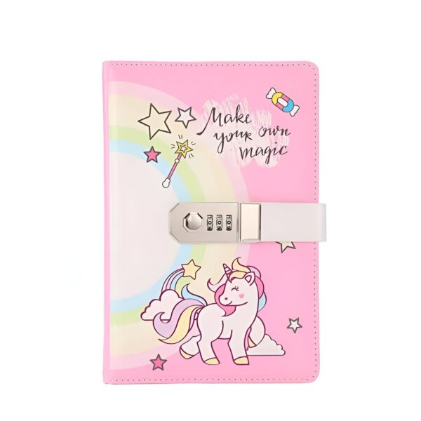 journal-intime-licorne-a-code-secret-1a.jpg Carnet rose à motif licorne avec fermoir à combinaison. Des étoiles, un arc-en-ciel et la phrase « Make your own magic » décorent la couverture., 45501205872895 | Licorne Shop