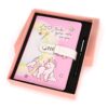 Boîte cadeau avec un carnet rose et blanc à motifs licorne, avec un fermoir à code et un stylo noir. Message "Make your own magic" et décorations étoiles et bonbon., 45501205446911 | Licorne Shop