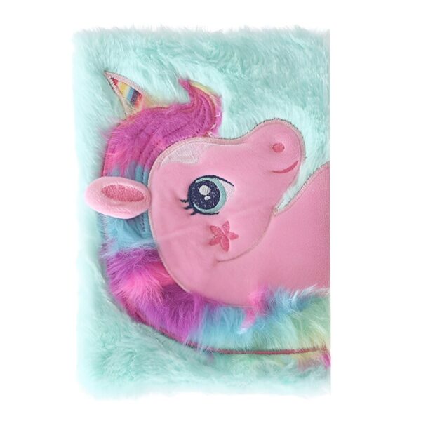 journal-licorne-avec-couverture-en-peluche-douce-1a.jpg Carnet à spirales rose et bleu avec une couverture en fausse fourrure représentant un visage de licorne avec une crinière arc-en-ciel., 45501155279103 | Licorne Shop