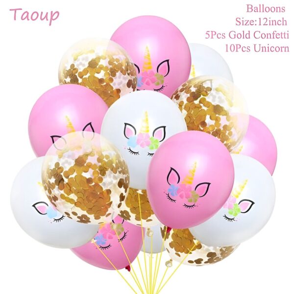Ballons multicolores pour fête d'anniversaire, certains imprimés avec des visages de licorne et d'autres remplis de confettis dorés. Ballons de 30 cm., 45501108584703 | Licorne Shop
