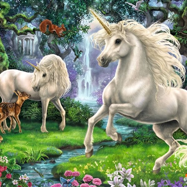 Image féérique mettant en scène des licornes blanches dans une forêt luxuriante avec des cerfs, des écureuils et une cascade. Couleurs vives et ambiance magique., 45501391634687 | Licorne Shop