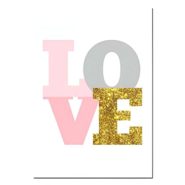 la-toile-murale-licorne-1a.jpg Image d'art décorative du mot "LOVE". L est rose clair, O est gris et VE sont dorés scintillants. Fond blanc., 45501131849983 | Licorne Shop