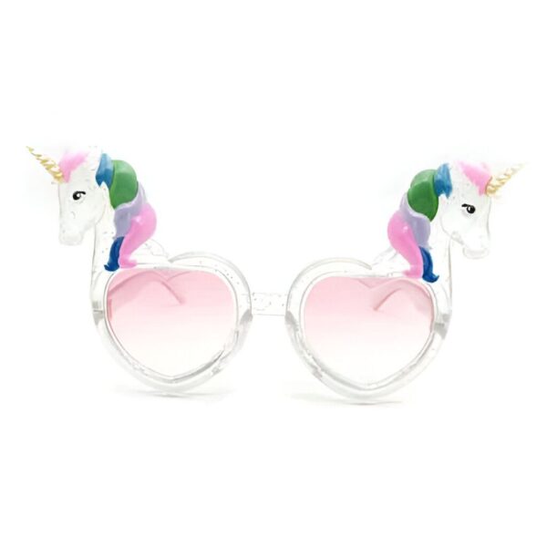 Lunettes de soleil fantaisie en forme de cœur avec des licornes sur les côtés. Monture transparente pailletée et verres roses dégradés. Accessoire de mode original et ludique pour enfants ou adultes., 45502256283903 | Licorne Shop