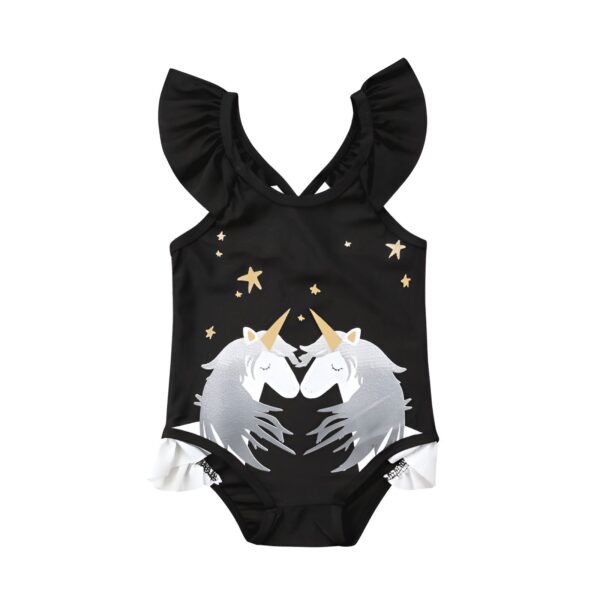 Maillot de bain noir pour bébé avec volants et motifs d'étoiles et de licornes argentées. Vêtement d'été mignon et tendance pour les tout-petits., 45501113368831 | Licorne Shop