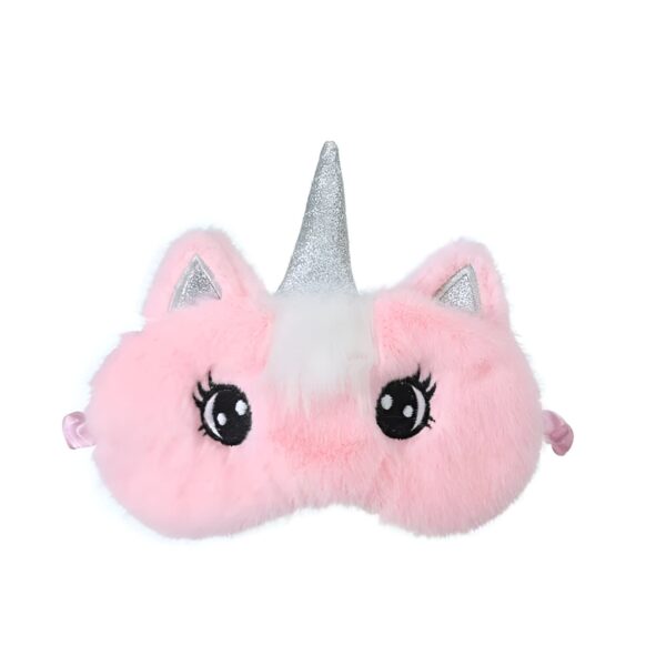 Masque de sommeil licorne rose en fourrure douce avec des yeux brodés et une corne argentée étincelante. Parfait pour une nuit reposante avec une touche de fantaisie., 45501056680191 | Licorne Shop