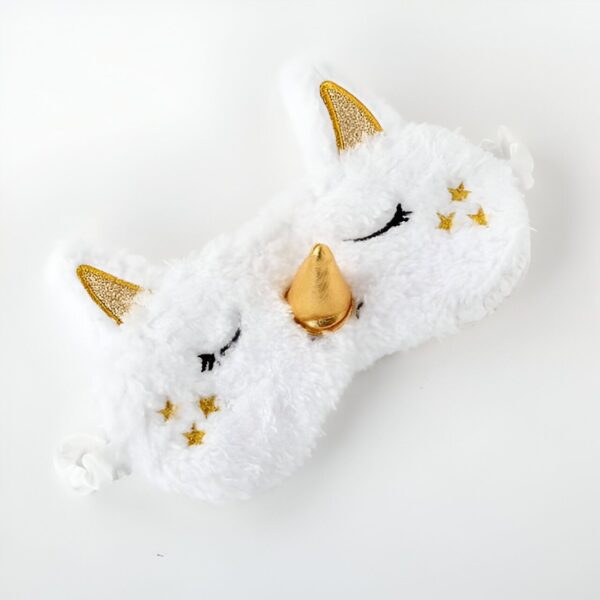 Masque de sommeil licorne blanc en peluche avec détails dorés (corne, oreilles, étoiles). Accessoire de nuit confortable et fantaisiste., 45501054320895 | Licorne Shop