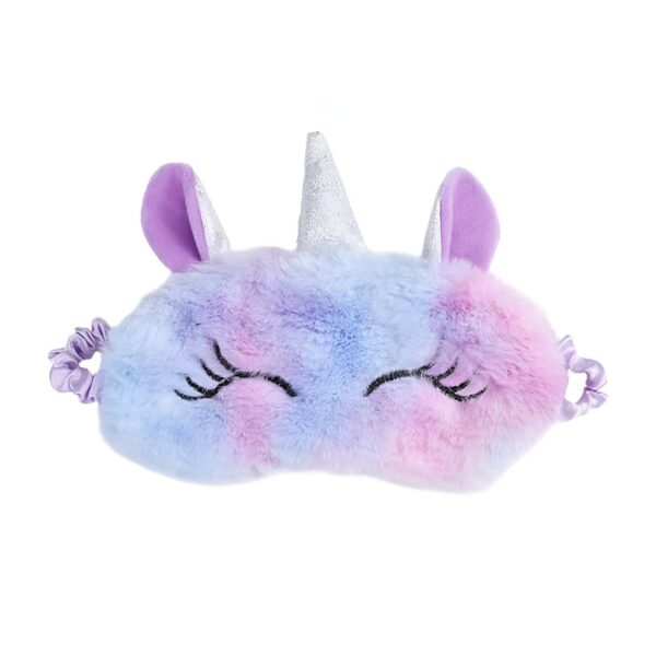 masque-de-sommeil-licorne-violet-pour-fille-1a.jpg Masque de sommeil licorne en peluche avec des couleurs pastel (bleu, violet, rose). Il a des oreilles violettes et une corne argentée., 45501053370623 | Licorne Shop